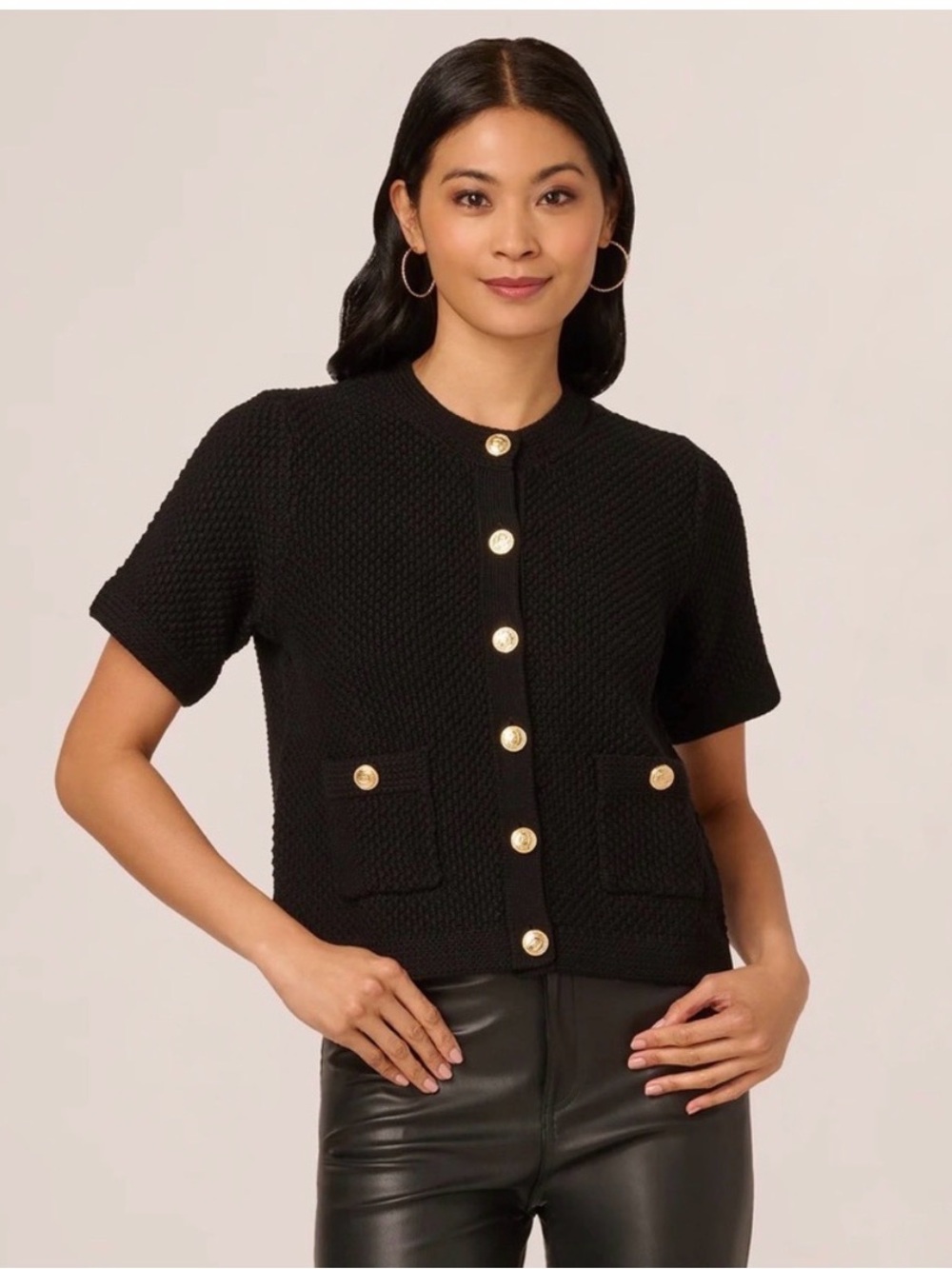 Adrianna Papell Black Short-Sleeve 100% Cotton Knit Cardigan with Gold Buttons